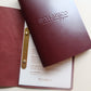 Burgundy leather menu with debossed name